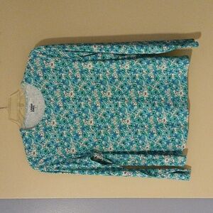 Lands' End Women's Teal and White Floral Long Sleeve Sun Shirt